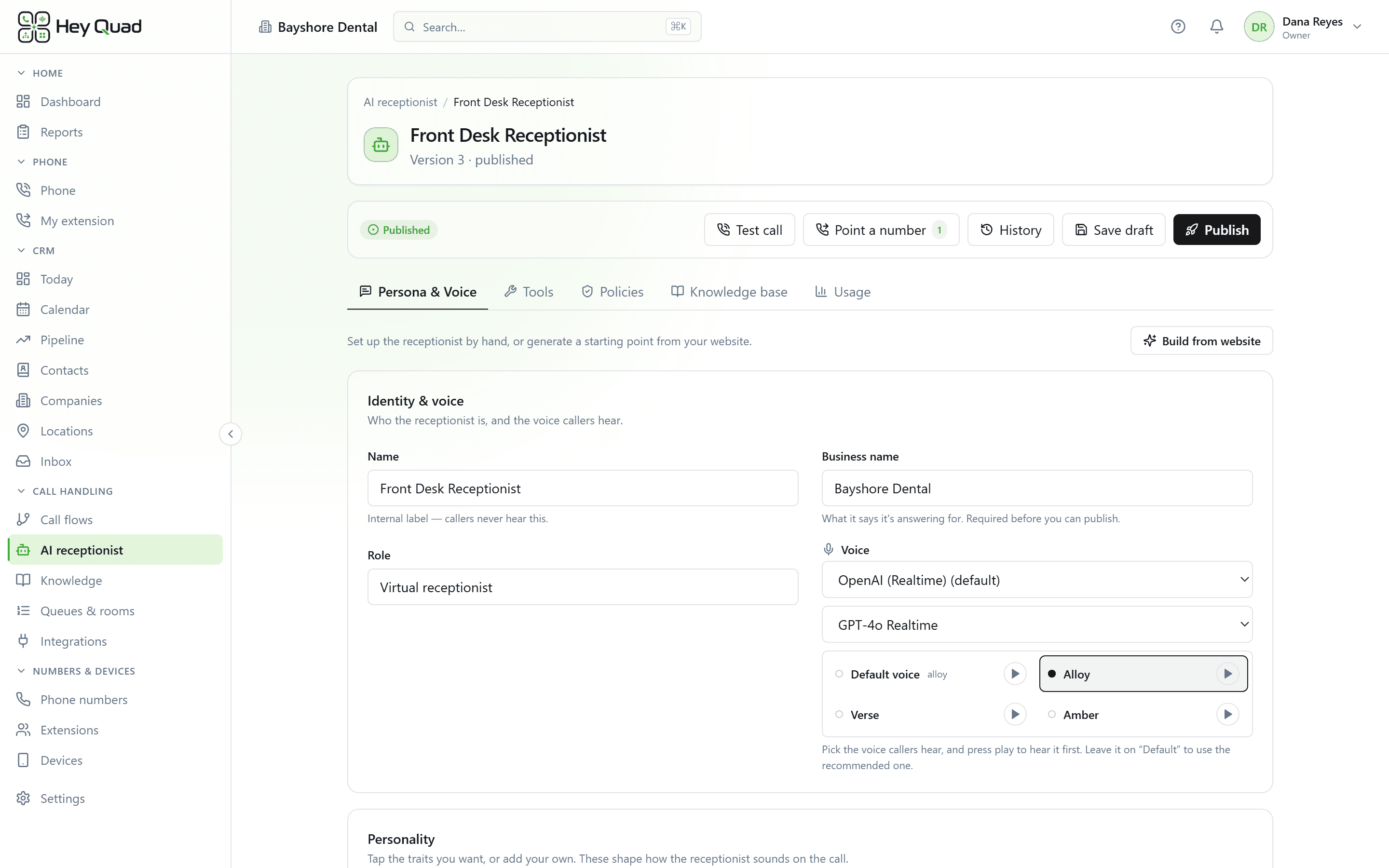 The AI receptionist builder showing the persona, greeting, voice and model for a published receptionist.