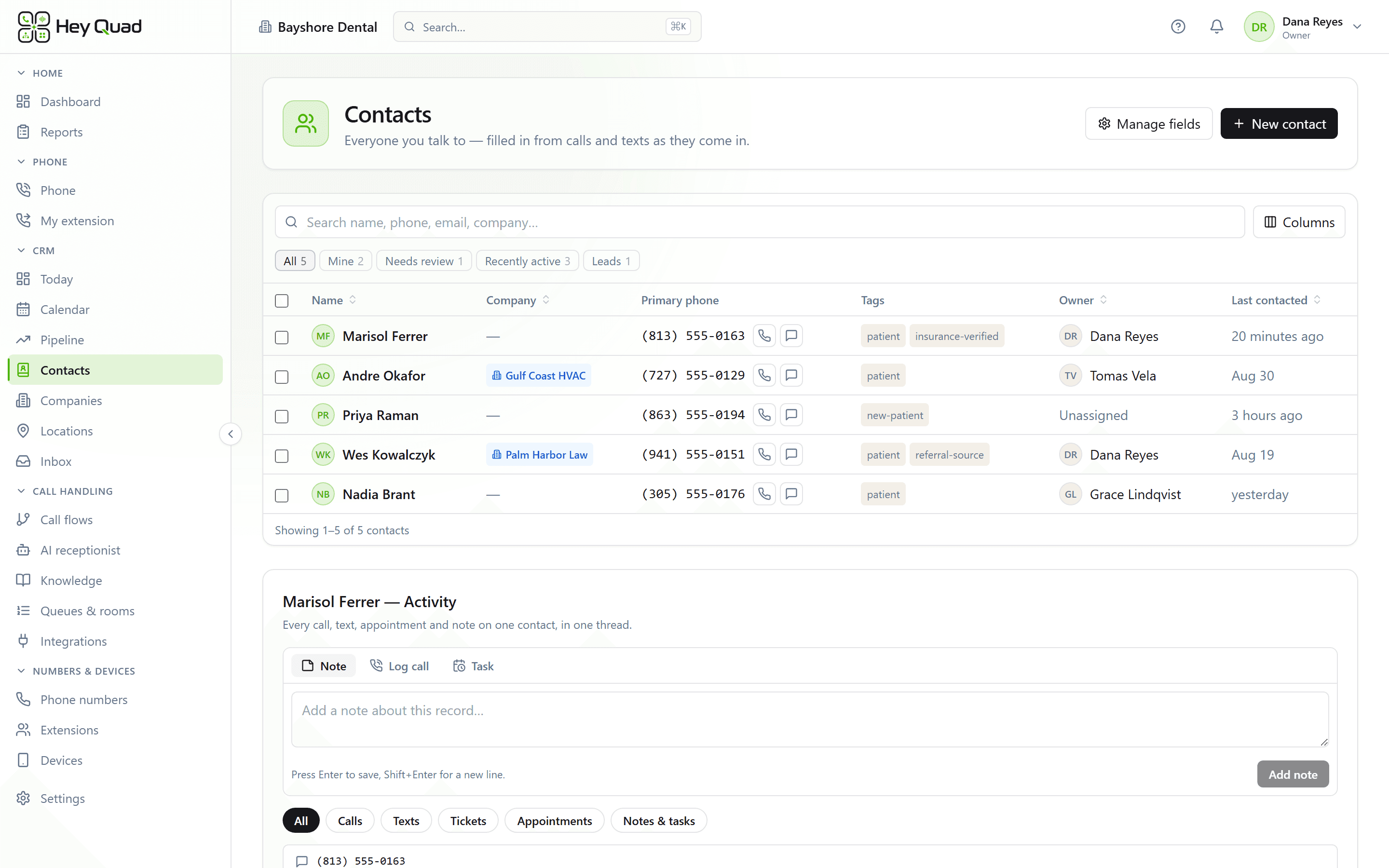 The contacts list beside a contact timeline of calls, texts and notes.